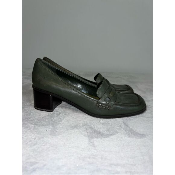 Vintage Green Leather Block Heel Chunky Loafers 7.5 - Picture 1 of 8